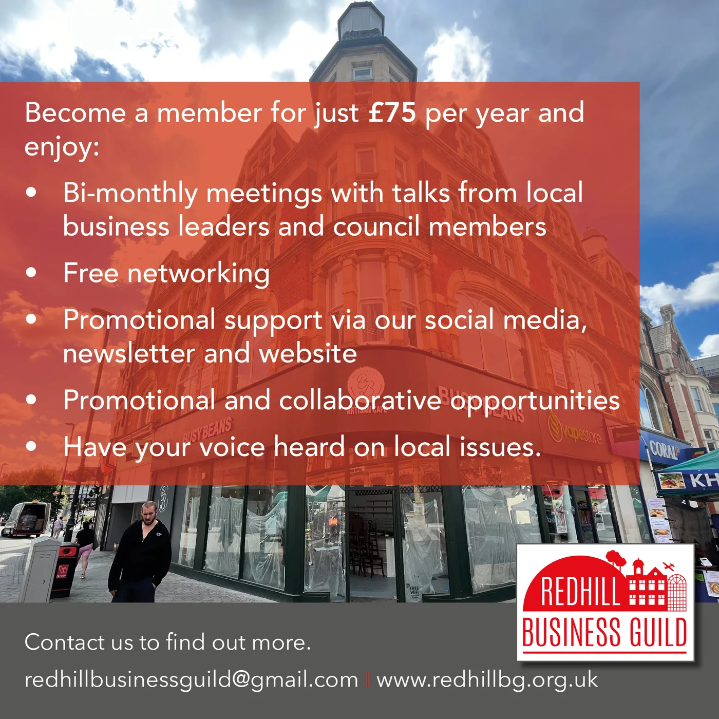 Poster: Become a member for just £75 per year, listing bi-monthly meetings with talks from local business leaders and council members, free networking, promotional support, collaborative opportunities and a voice on local issues